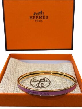 Hermes Uni Pink Enamel and Gold-Plated Bangle Bracelet